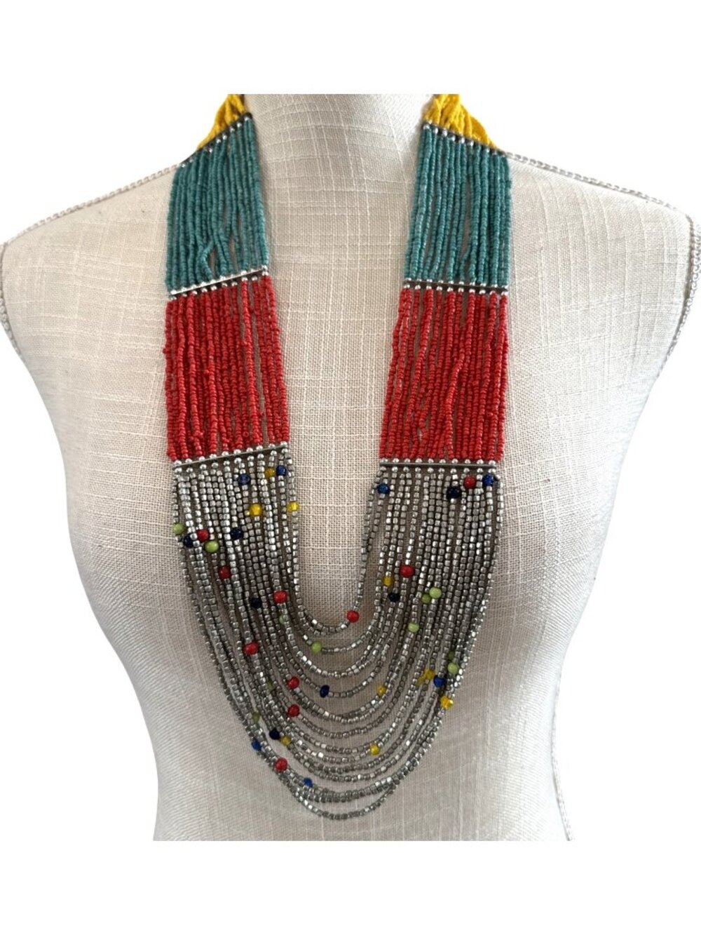 Multicolor Tribal Beaded Statement Necklace With Yellow Red & Teal Beads